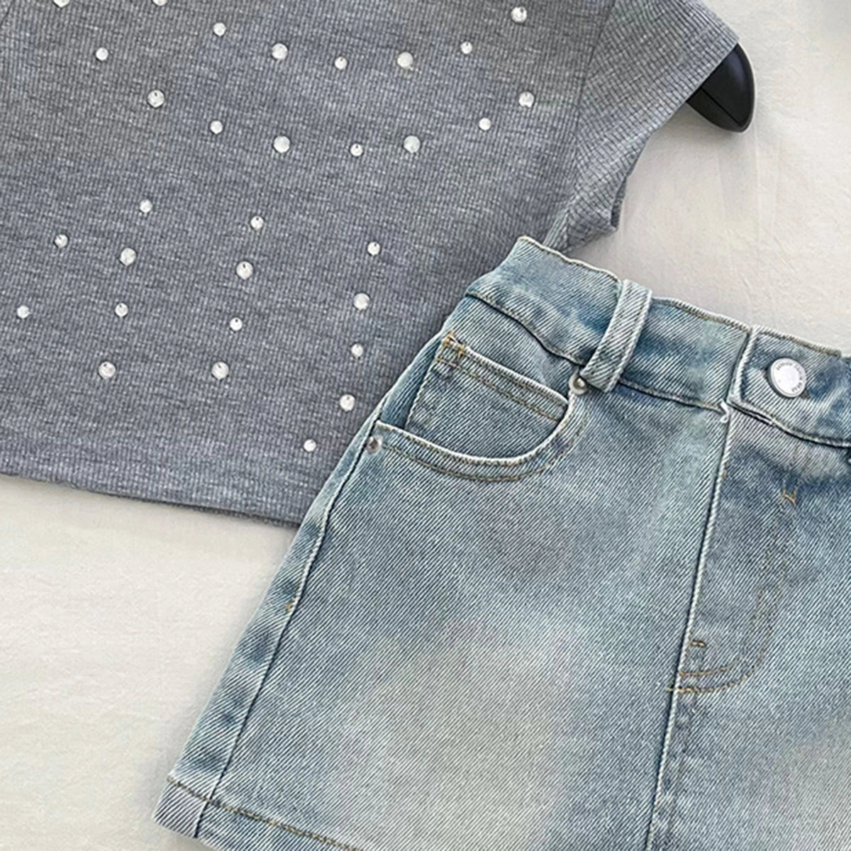 Girls Grey Rhinestone Embellished Ribbed Top and Denim Skirt Sets 2 pc. Sets