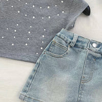 Girls Grey Rhinestone Embellished Ribbed Top and Denim Skirt Sets 2 pc. Sets