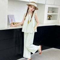 Girls Beige Sleeveless A-line Top With Pants Co-ord Sets Sets