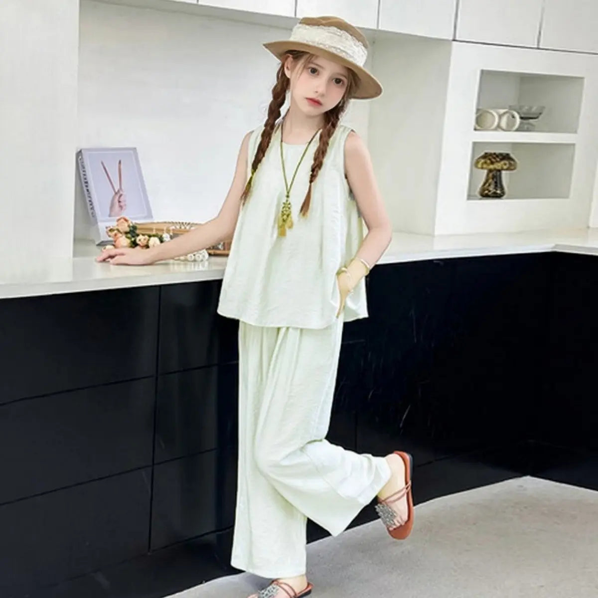 Girls Beige Sleeveless A-line Top With Pants Co-ord Sets Sets