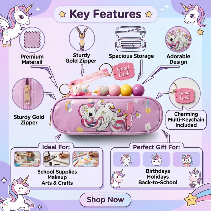 Unicorn Pencil Case with Decorative Keychain Trending Accessories