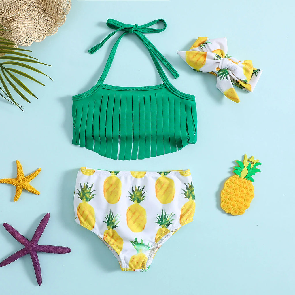 Girls Green Halter Top With Pineapples Print Briefs & Headband Swimwear Sets Sets Green 1-2 Y