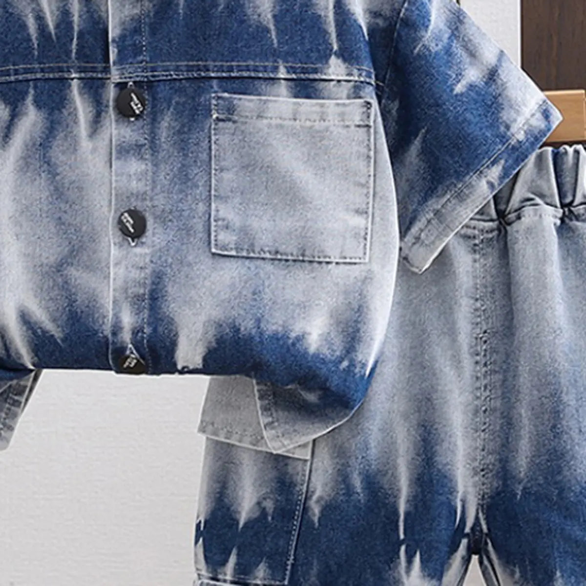 Boys Blue Denim Tie-Dye Printed Shirt & Short Co-ord Sets Sets