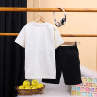 Boys Off White Typographic Printed Short Sleeve T-shirts With Elasticated Shorts Sets Sets