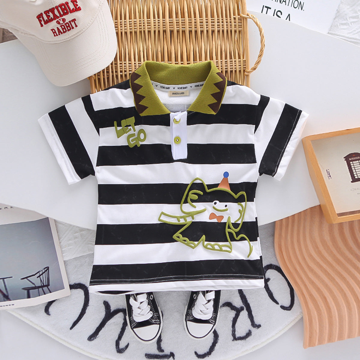 Boys Black Striped Cartoon Graphic Polo T-Shirt With Denim Shorts Set 2 pc. Sets