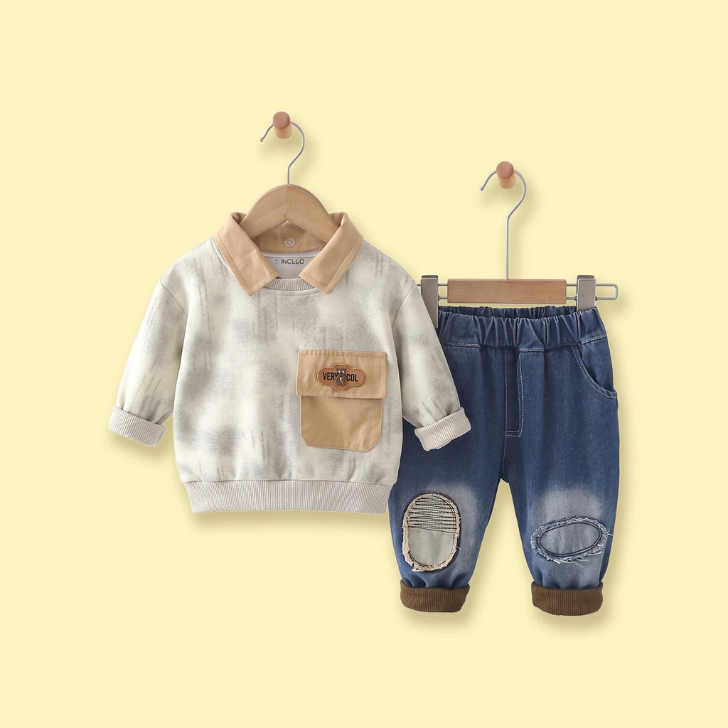 Boys Light Grey Abstract Print Sweatshirt With Denim Pants Sets Sets Light Grey 1-2 Y