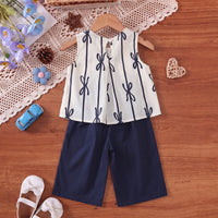 Girls Navy Blue Bow Print Sleeveless Top With Capri Sets 2 pc. Sets