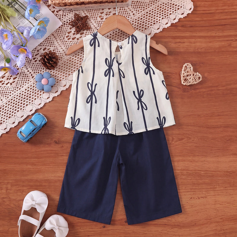 Girls Navy Blue Bow Print Sleeveless Top With Capri Sets 2 pc. Sets