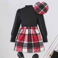 Girls Stand Collar Rib Top With Red Checked Skirt & Beret Hat Set Sets