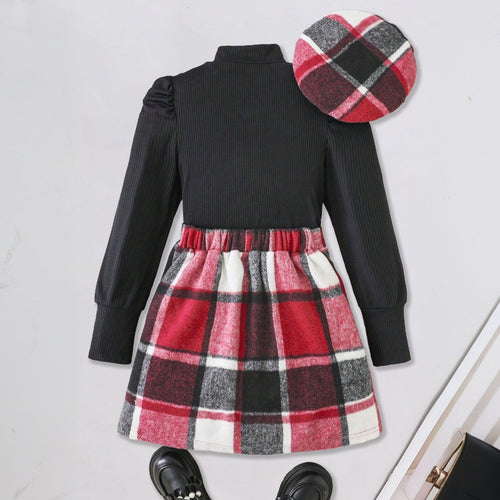 Girls Stand Collar Rib Top With Red Checked Skirt & Beret Hat Set Sets