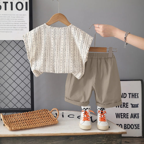 Boys Geometric Pattern Collarless Shirt With Grey Shorts Set Sets