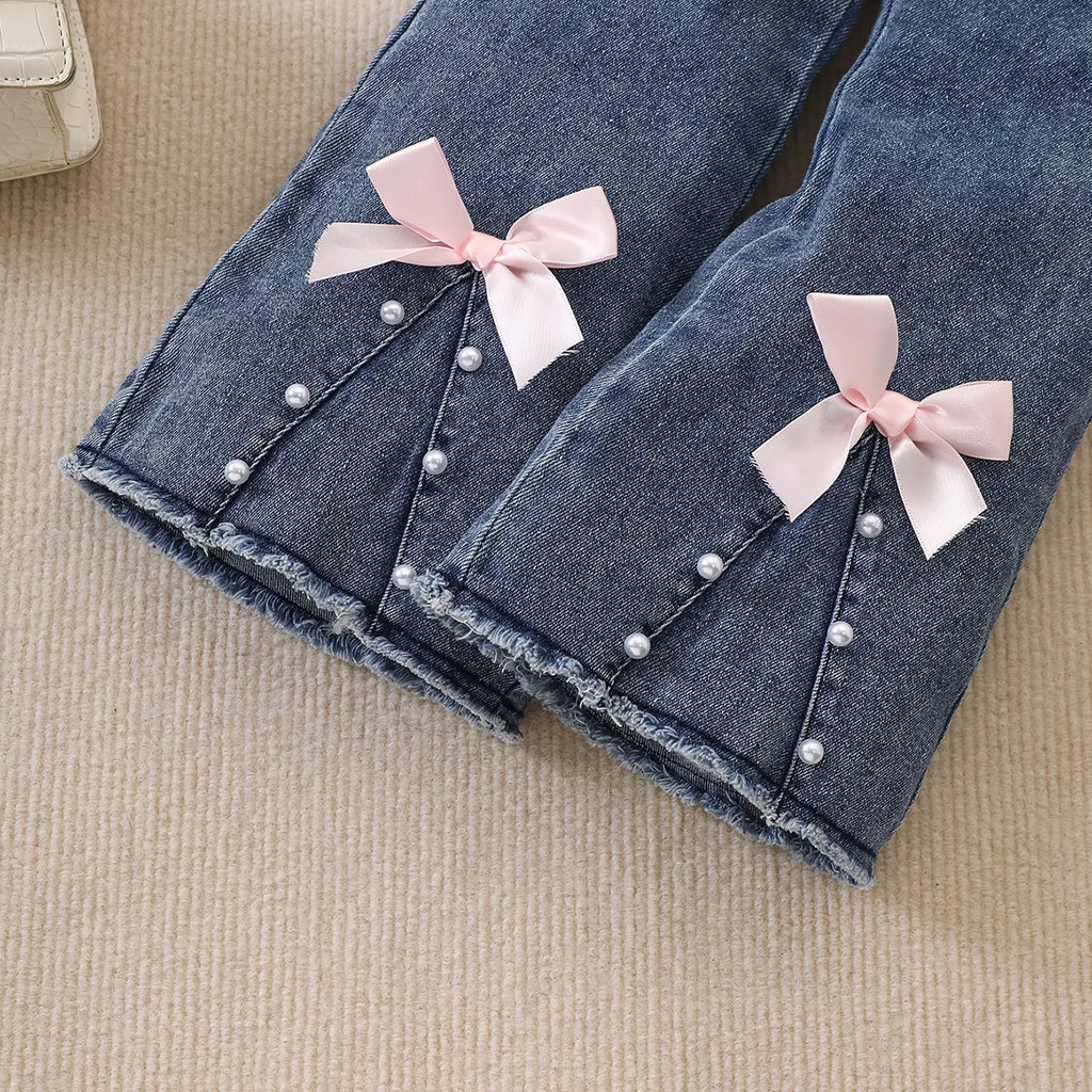 Girls Light Pink Bow Applique Short Sleeve T-Shirt With Denim Jeans Sets 2 pc. Sets
