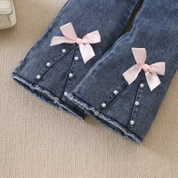 Girls Light Pink Bow Applique Short Sleeve T-Shirt With Denim Jeans Sets 2 pc. Sets