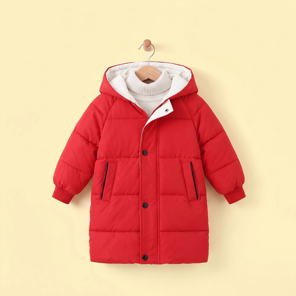 Girls Red Solid Puffer Hooded Long Jacket Coats & Jackets Red 2-3 Y