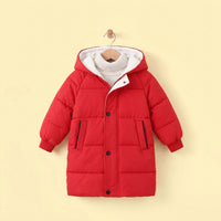 Girls Red Solid Puffer Hooded Long Jacket Coats & Jackets Red 2-3 Y