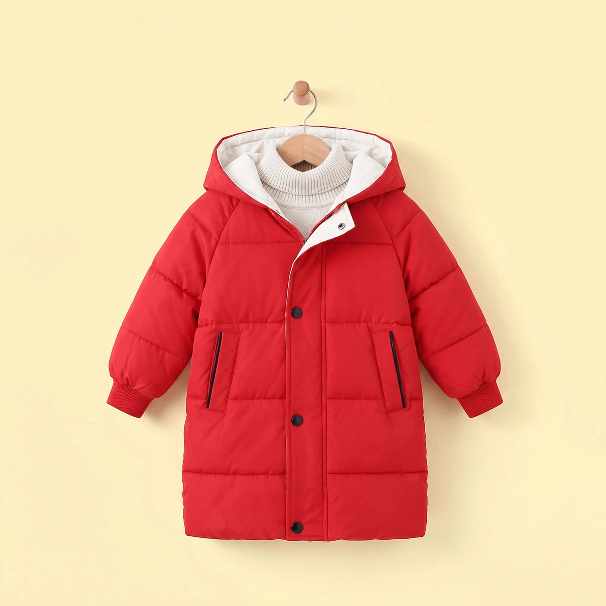 Girls Red Solid Puffer Hooded Long Jacket Coats & Jackets Red 2-3 Y