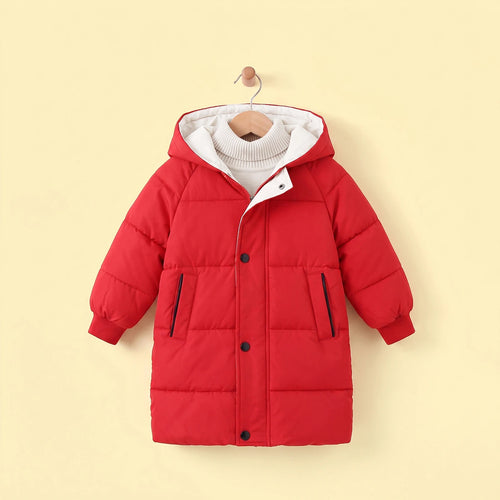 Girls Red Solid Puffer Hooded Long Jacket Coats & Jackets Red 2-3 Y