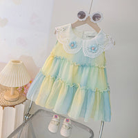 Girls Blue Tie-Dye Schiffli Dress with Peter Pan Collar Casual Dresses Blue 1-2 Y