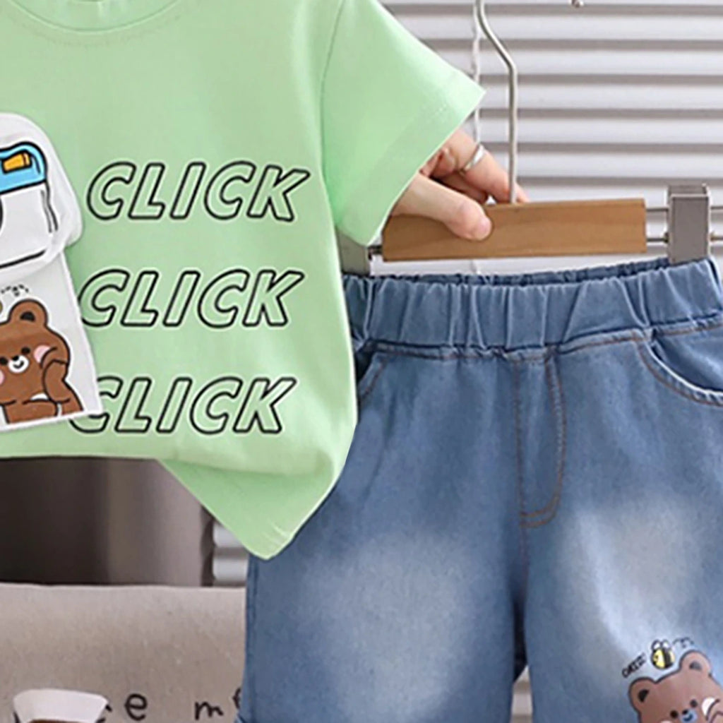 Boys Green Bear Camera Print Short Sleeve T-Shirt With Denim Shorts Sets 2 pc. Sets