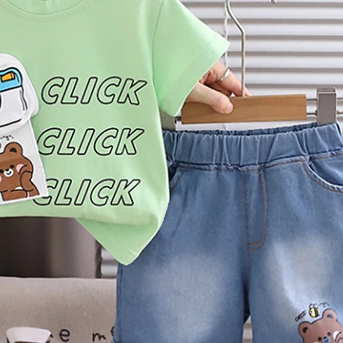 Boys Green Bear Camera Print Short Sleeve T-Shirt With Denim Shorts Sets 2 pc. Sets