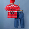 Boys Red Striped Alphanumeric Print T-Shirt With Denim Jeans 2 pc. Sets Red 2-3 Y
