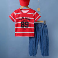 Boys Red Striped Alphanumeric Print T-Shirt With Denim Jeans 2 pc. Sets Red 2-3 Y