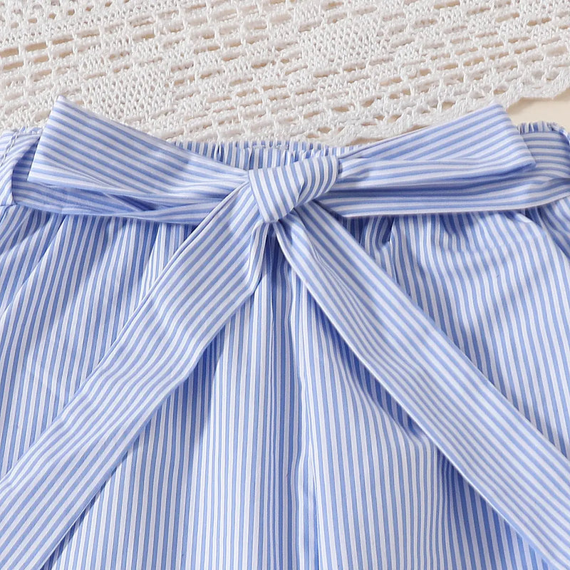 Girls Light Blue Stripes Sleeveless Crop Top With Pants Co-ord Sets Sets