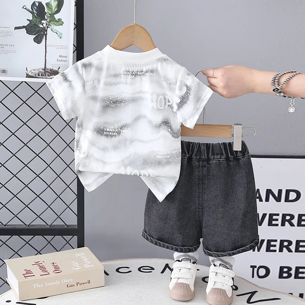Boys White Typographic Print T-Shirt With Denim Shorts Sets Sets