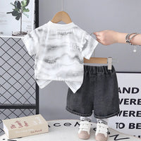 Boys White Typographic Print T-Shirt With Denim Shorts Sets Sets