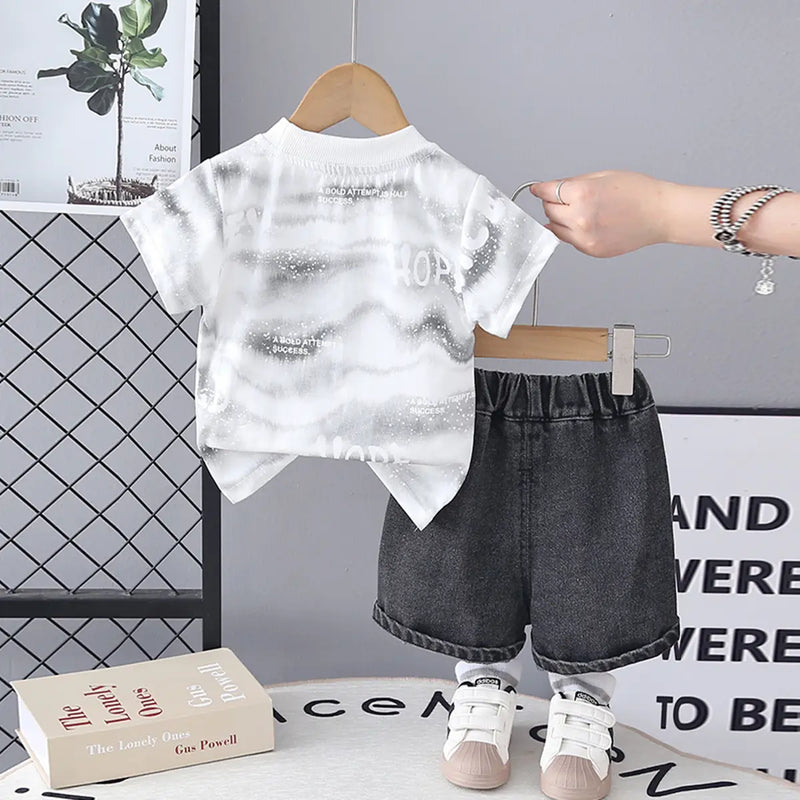Boys White Typographic Print T-Shirt With Denim Shorts Sets Sets