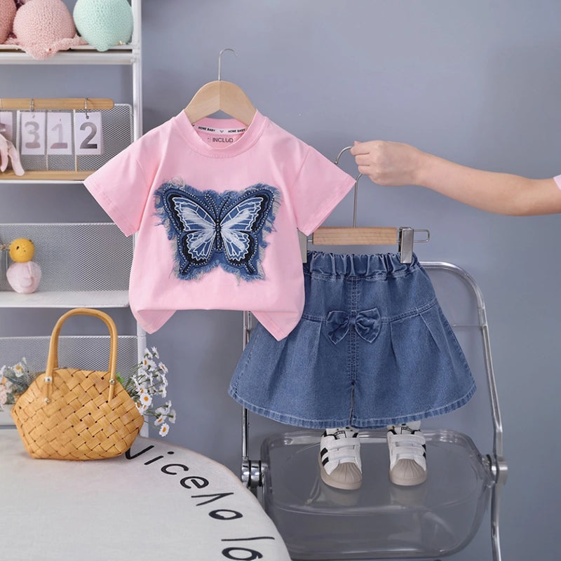 Girls Light Pink Butterfly Printed Half Sleeve T-Shirt With Denim Skirt Sets 2 pc. Sets Light Pink 1-2 Y