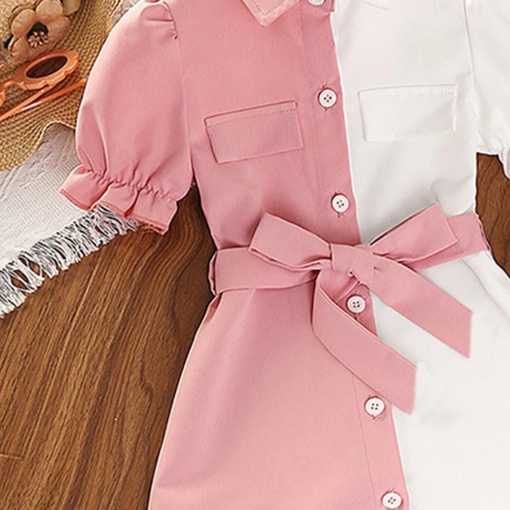 Girls Pink White Colourblocked Puff Sleeve Shirt Dress Casual Dresses