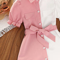 Girls Pink White Colourblocked Puff Sleeve Shirt Dress Casual Dresses
