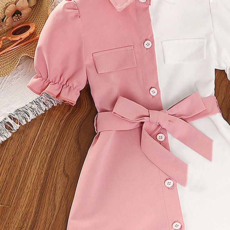Girls Pink White Colourblocked Puff Sleeve Shirt Dress Casual Dresses