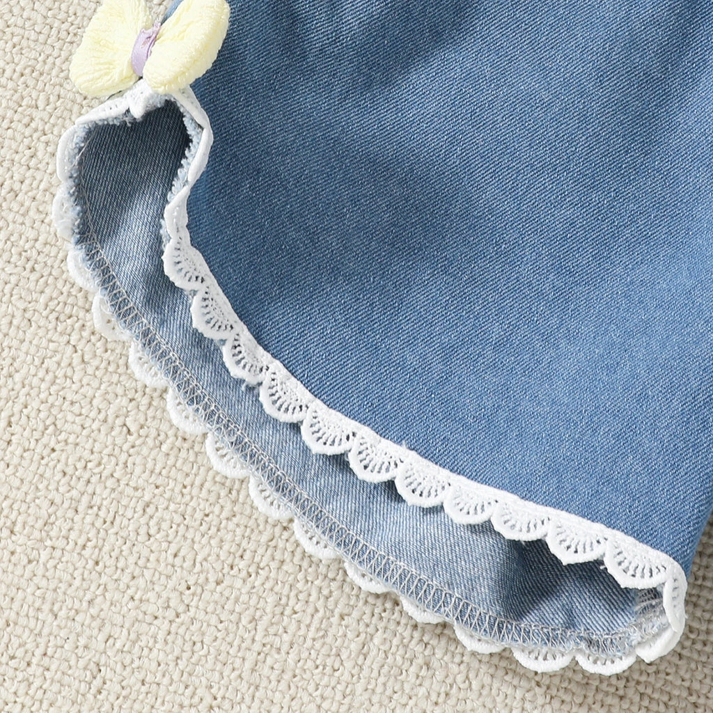 Girls White Floral Applique Top With Denim Shorts Sets Sets