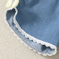 Girls White Floral Applique Top With Denim Shorts Sets Sets