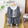 Boys Blue Denim Sleeveless Vest & Shorts With Printed T-Shirt Sets Sets Blue 1-2 Y