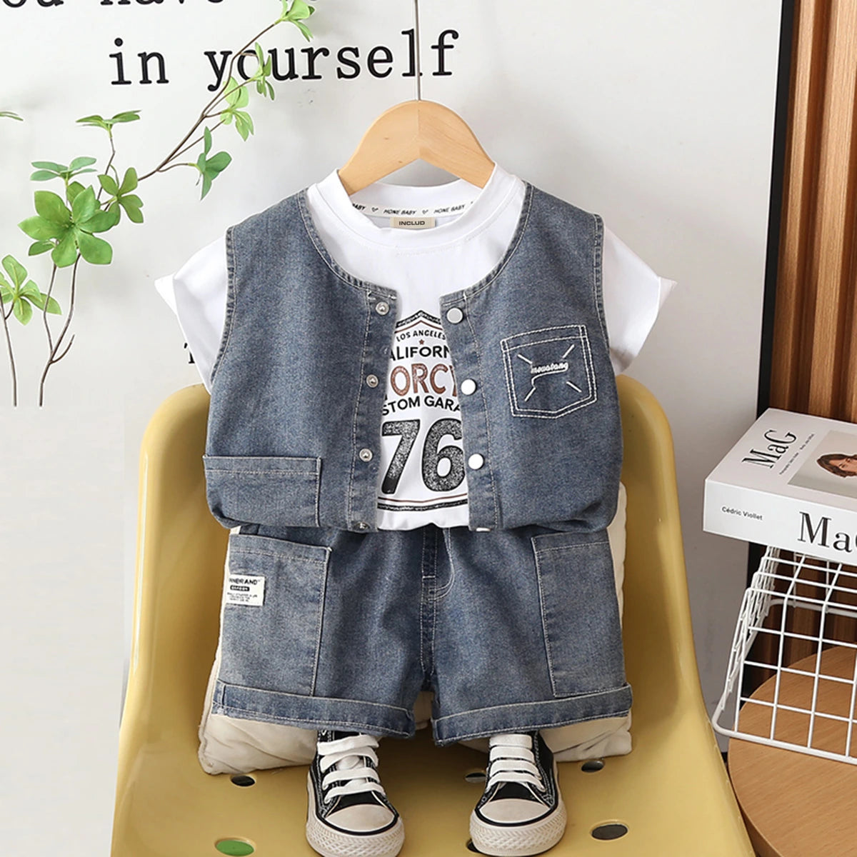 Boys Blue Denim Sleeveless Vest & Shorts With Printed T-Shirt Sets Sets Blue 1-2 Y