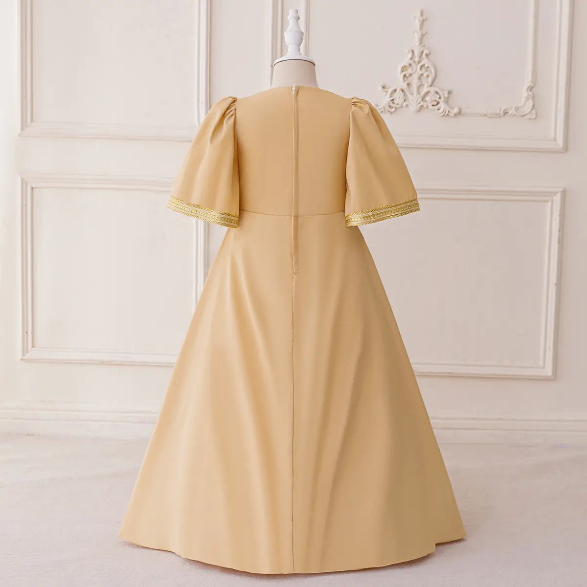Girls Beige Embroidered Maxi Dress With Short Sleeves Casual Dresses
