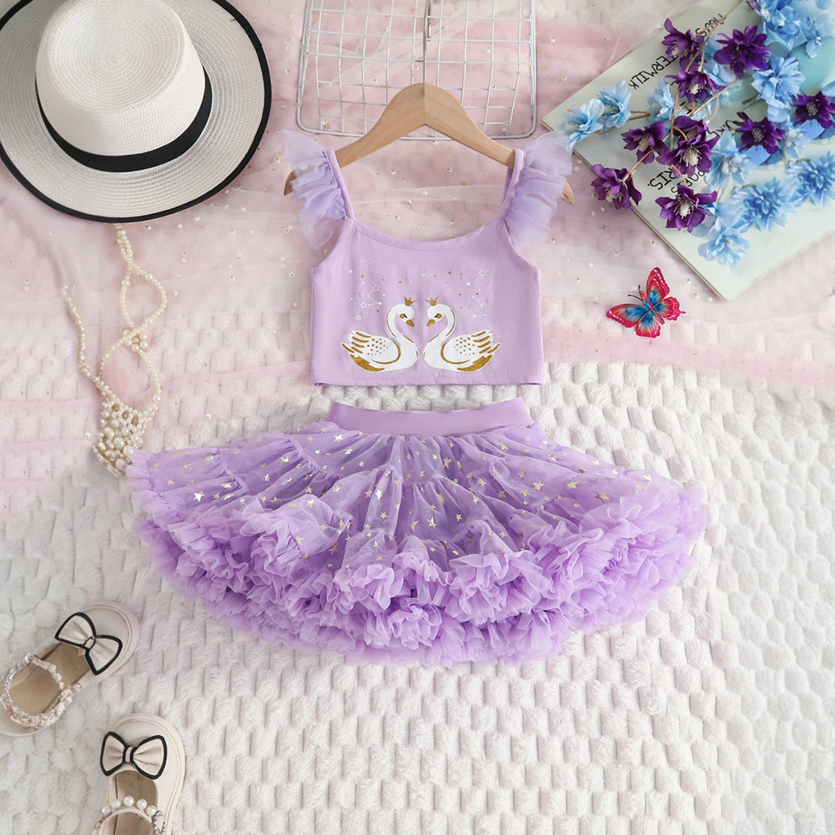 Girls Purple Graphics Crop Top With Tulle Ruffles Skirts Set Sets Purple 3-4 Y