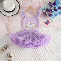 Girls Purple Graphics Crop Top With Tulle Ruffles Skirts Set Sets Purple 3-4 Y