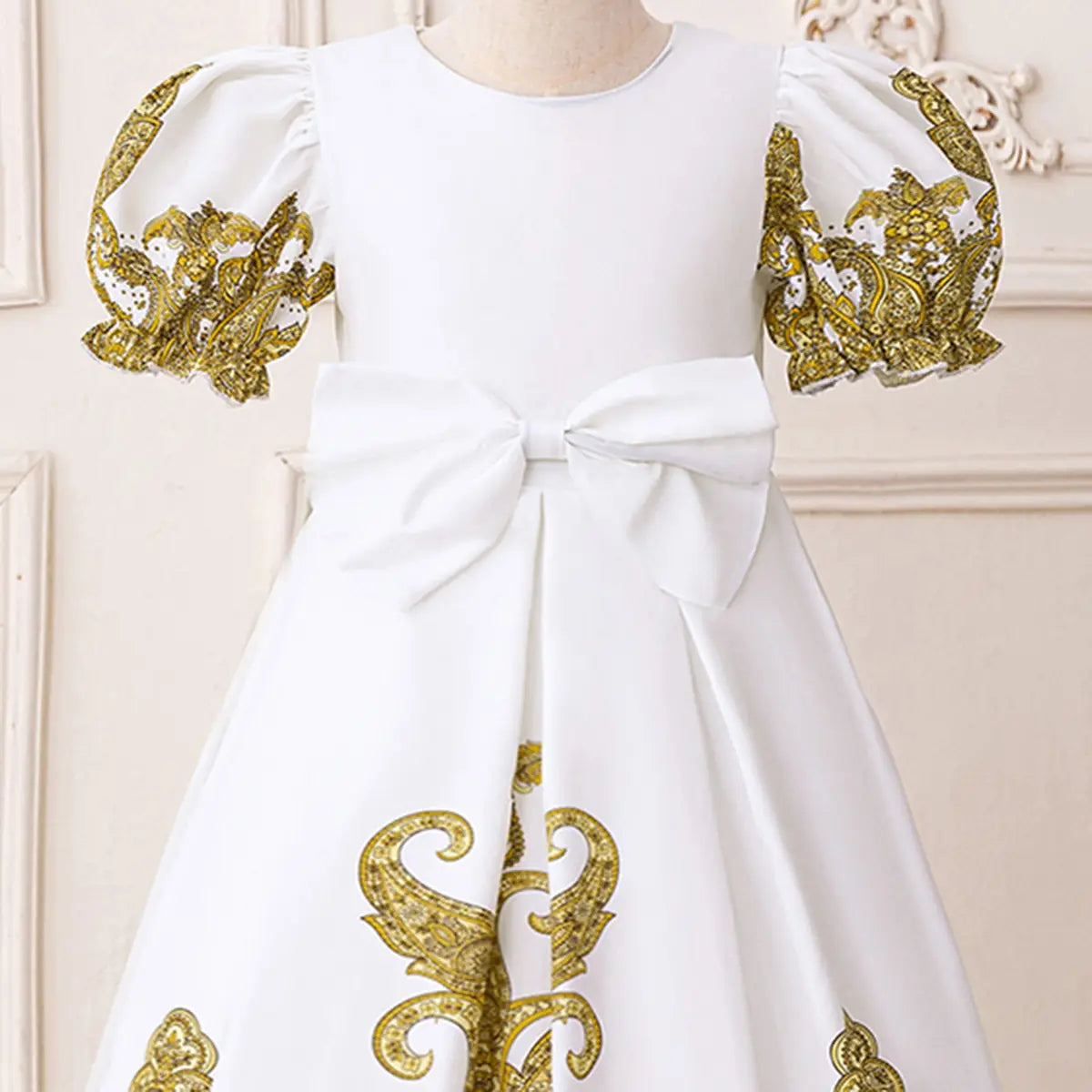 Girls White Ethnic Motifs Printed Fit And Flare Dress With Puff Sleeevs Casual Dresses