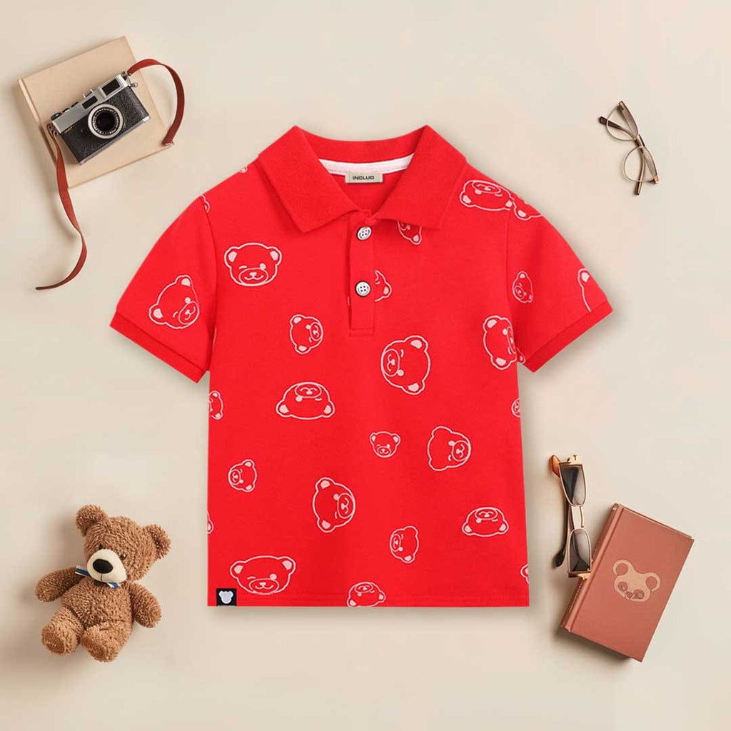 Boys Short Sleeve Bear Printed Polo T-Shirt