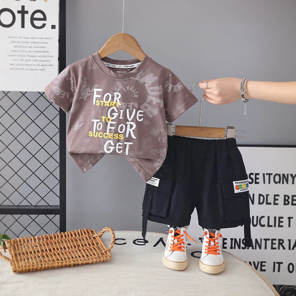 Boys Light Brown Typographic Printed Short Sleeve T-Shirt With Cargo Shorts Sets 2 pc. Sets Light Brown 1-2 Y