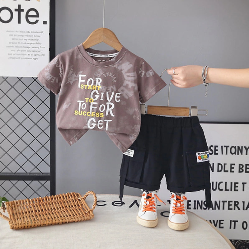 Boys Light Brown Typographic Printed Short Sleeve T-Shirt With Cargo Shorts Sets 2 pc. Sets Light Brown 1-2 Y