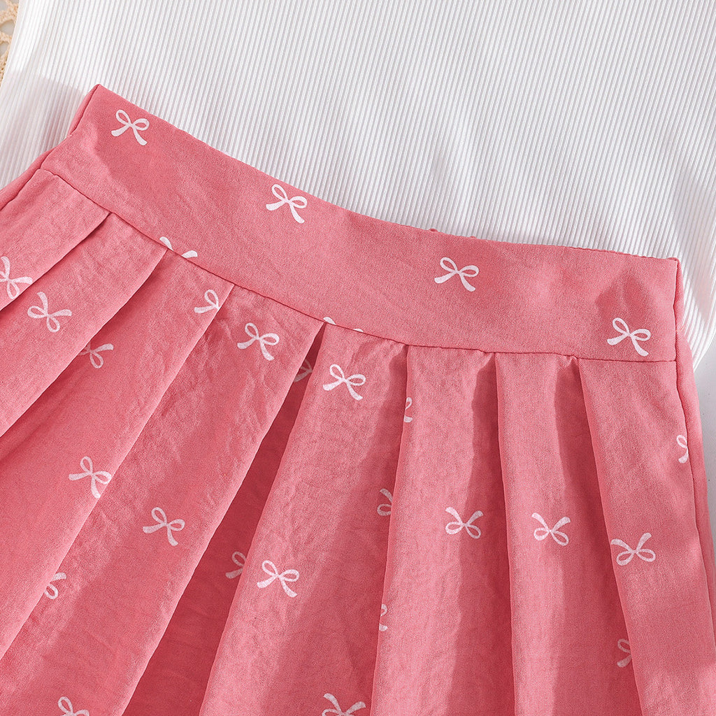 Girls Sleeveless Polo Collar Top With Pink Bow Print Pleated Skirt Set 2 pc. Sets