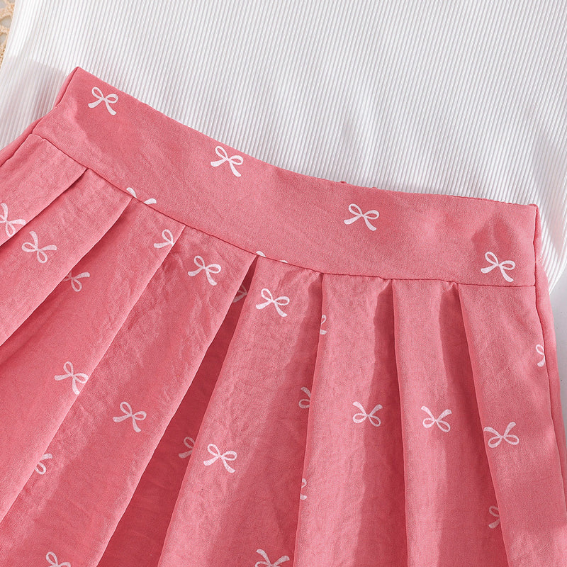 Girls Sleeveless Polo Collar Top With Pink Bow Print Pleated Skirt Set 2 pc. Sets