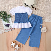 Girls Blue Short Sleeves Smocked Top With Wide-leg Pants Sets Sets