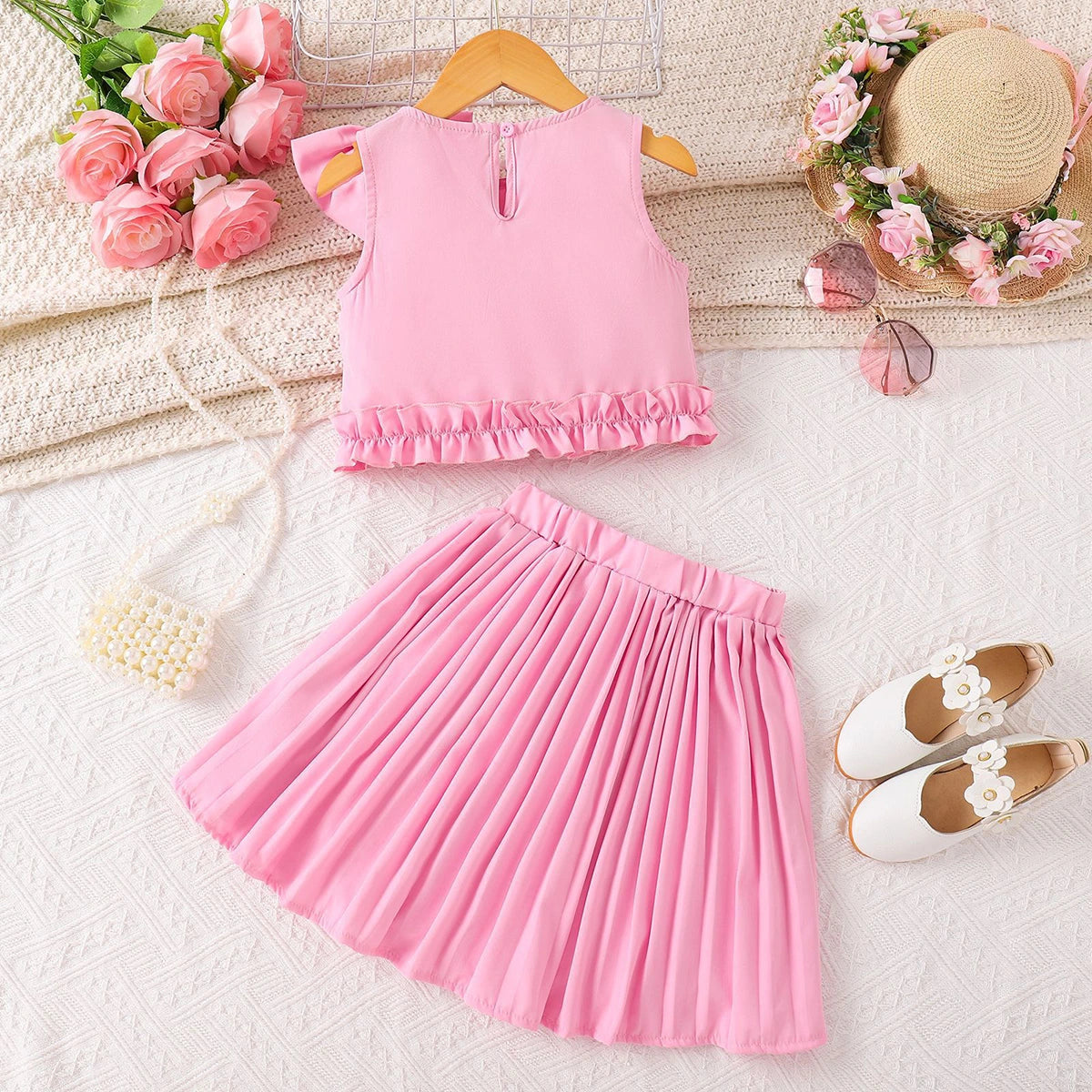 Girls Pink Bow Applique Sleeveless Top With Pleated Skirt Sets 2 pc. Sets