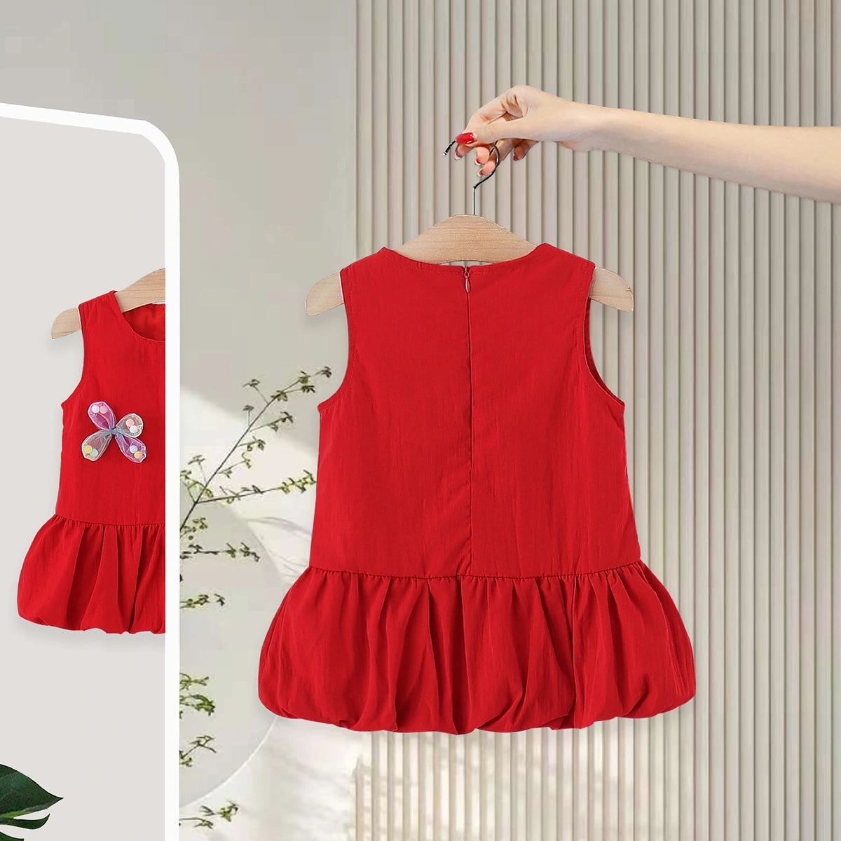 Girls Red Butterfly Applique Balloon Dress Casual Dresses